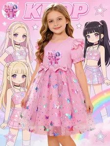 K-Pop Girl Group Sweet Style Girls' Dress, Flutter Sleeve Bow K-Pop Print, Summer Mesh Princess Dress, Cute Floral Pattern, Slim-Fitting