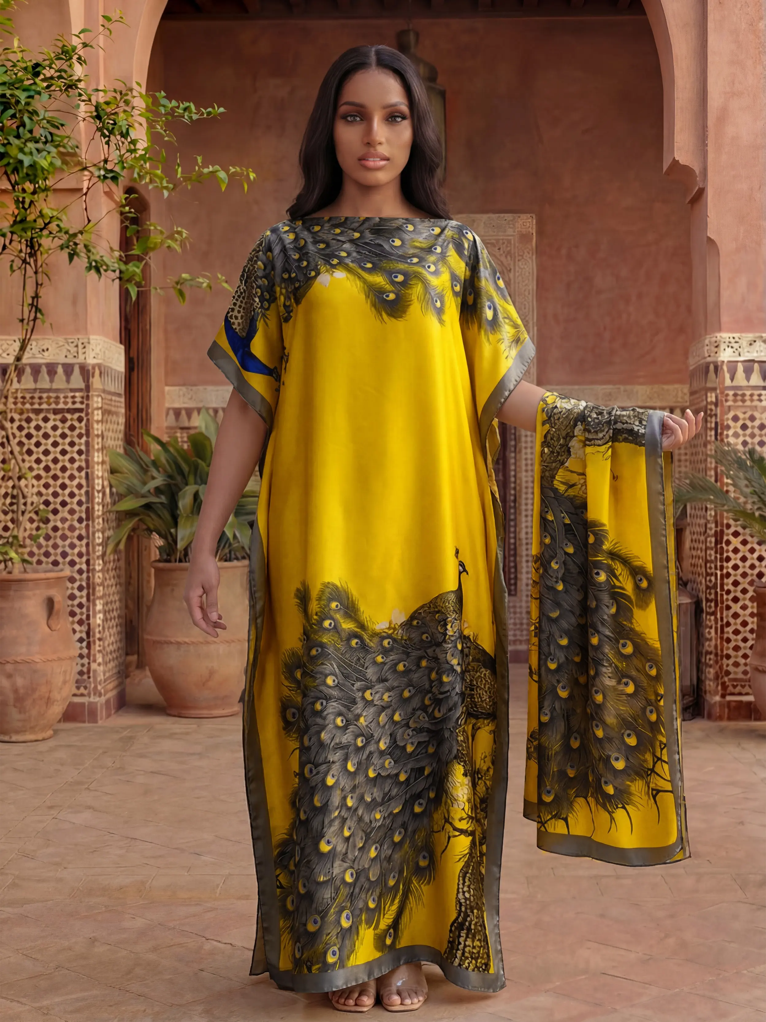 Elegant Simulation Silk Animal Print Shawl Set, Long Dress Cape Pullover + Scarf, Beach Sun Protection, Casual Fitted Style
