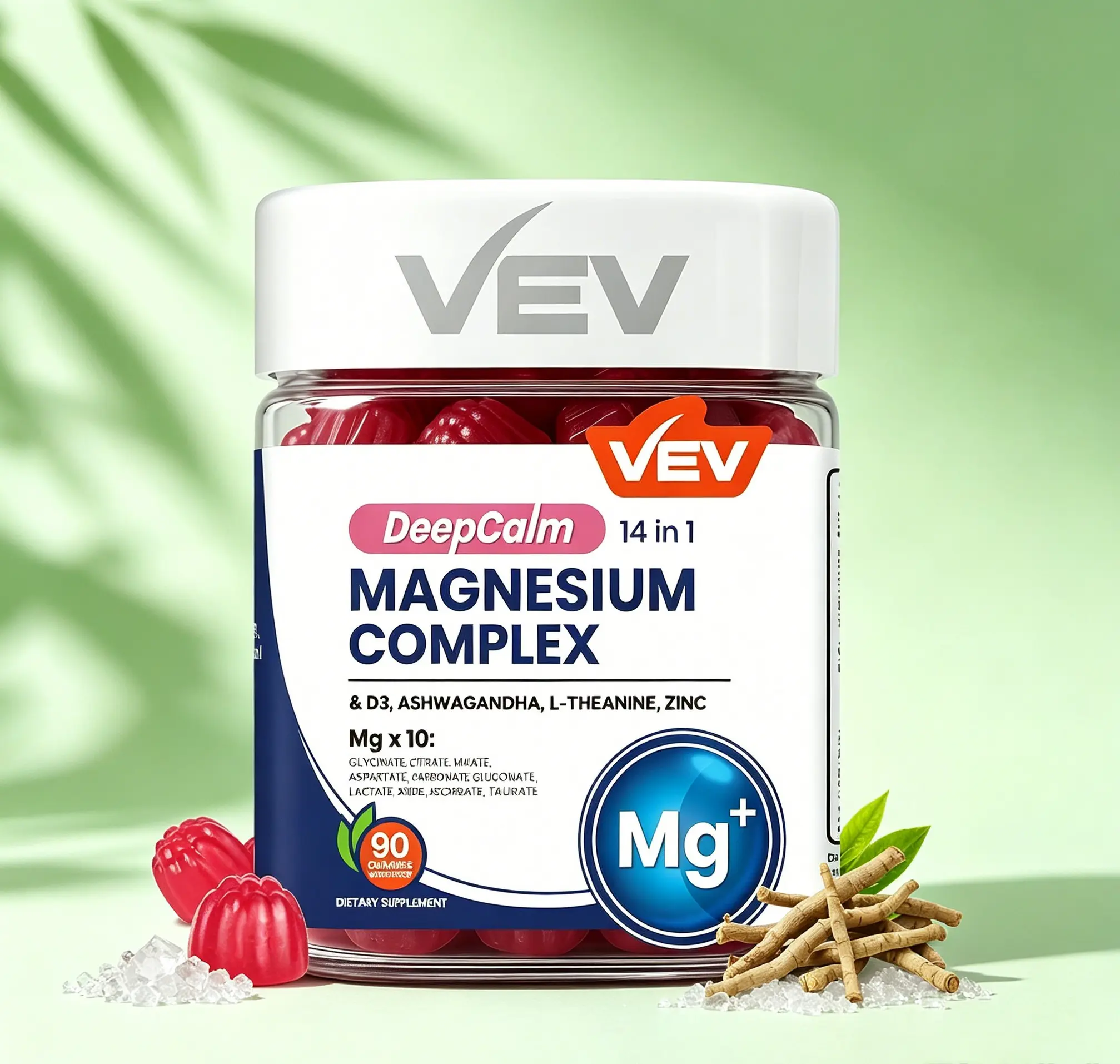 VEV DeepCalm Magnesium Complex Gummies for Women | Cortisol Reducing Supplement with Ashwagandha L-Theanine D3 Zinc, 14-in-1 Vegan Sugar Free Magnesium Glycinate Calm Chews, 90 Count