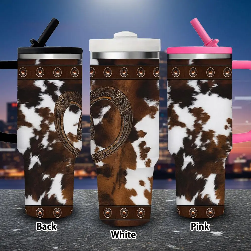 40 oz Western-Style Cowhide Pattern Insulated Tumbler Flask - 1 Pc with Buckle, Lid, Straw, Travel Mug for Hot/Iced Coffee, Valentine’s Day Gift for Women, Flasks