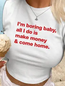 Women's Letter Print Round Neck Crop Tee, Fashion Casual Crew Neck Short Sleeve T-shirt for Daily Holiday Vacation Outdoor Wear, Ladies Clothes for All Seasons, Womenswear