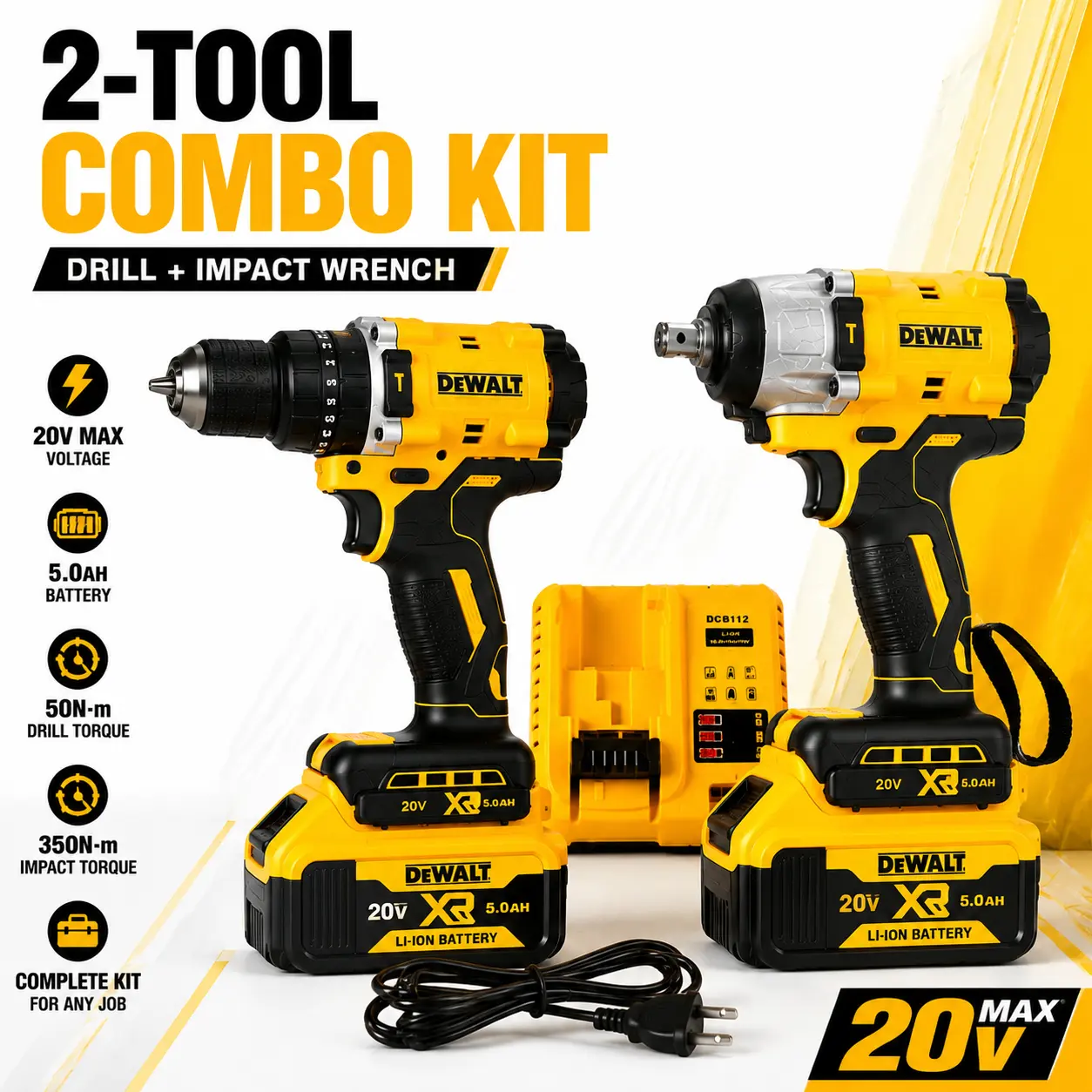 DEWALT Cordless Drill & Wrench Combo Kit - Cordless Rechargeable Drill, Tools and Gadgets, Durable Power Tool Sets with Metal & High-Strength Plastic Parts, High Torque for Drilling & Fastening, Lightweight for Home Repair & Workshop Use