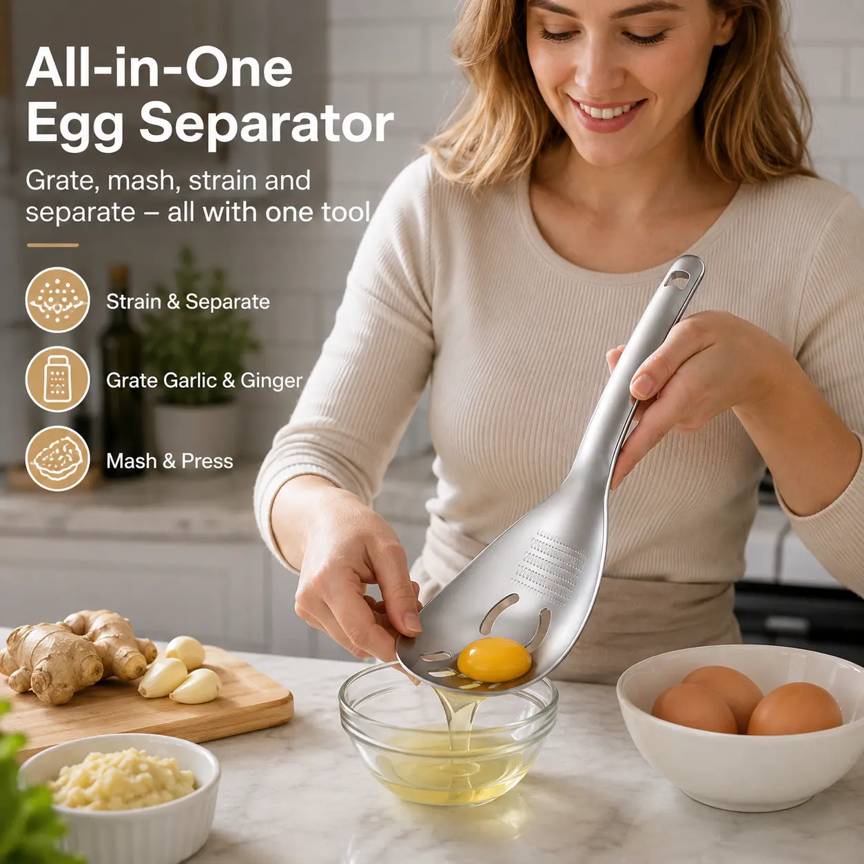 1 Count 304 Stainless Steel Multifunctional Kitchen Spoon, Egg White Separator Ginger Garlic Grater Mud Masher for Home Daily Cooking