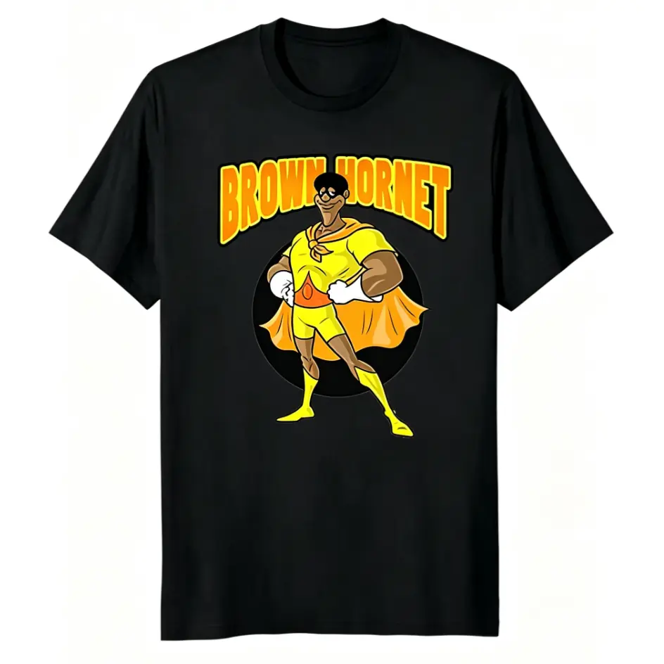 Men's Plus Size Brown Hornet Superhero T-Shirt - Bold Cartoon Design with Yellow and Red Emblem, Confident Pose and Striking Graphics on Black Background