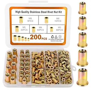 Metric Rivet Nut Assortment Kit, 200 count Carbon Steel SAE Rivet Nut, M3 M4 M5 M6 M8 UNC Flat  Rivnut Set, Threaded Insertion Nut Sets for Automotive, Mechanical and Other Equipment