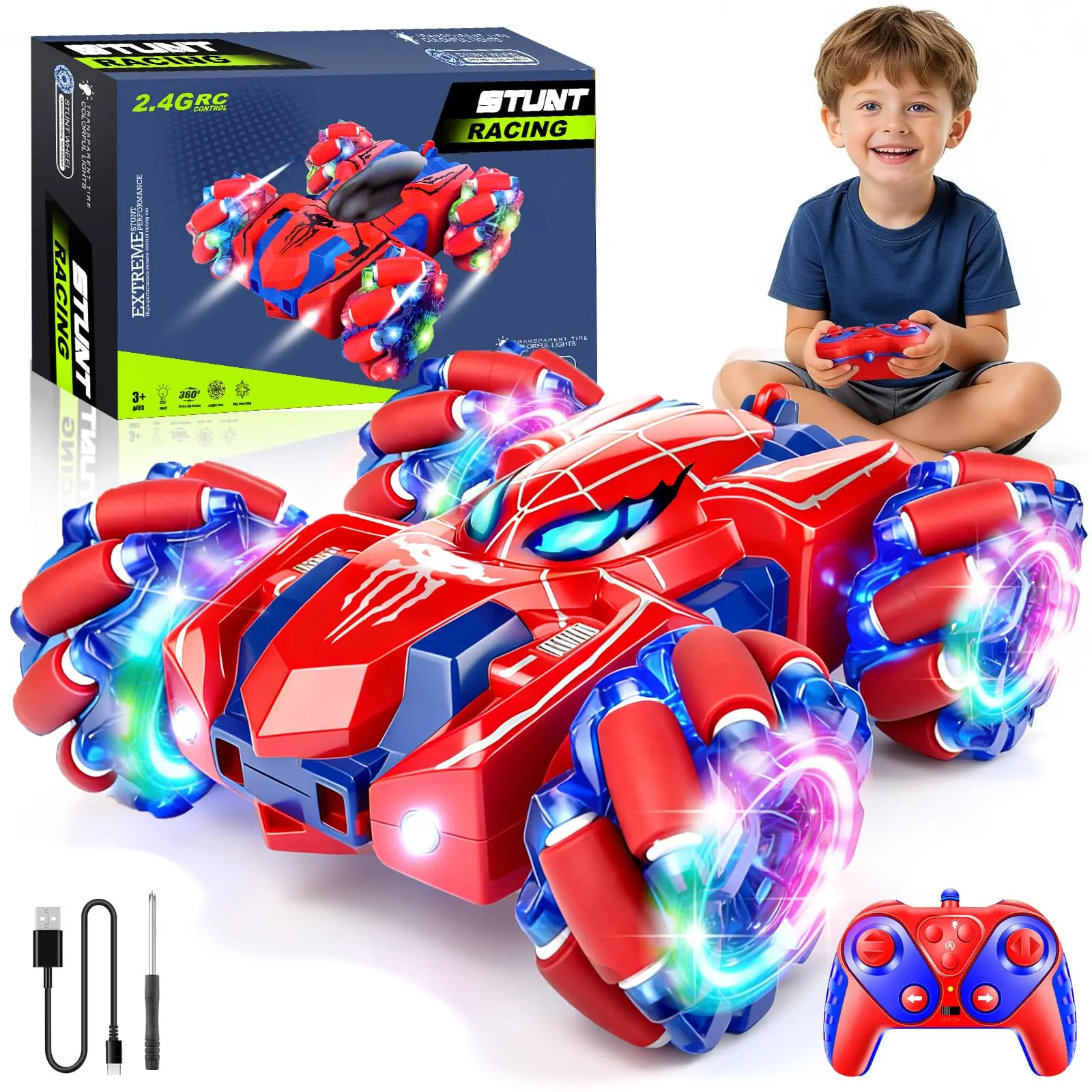 4WD Spider RC Stunt Car, 2.4GHz Rechargeable Remote Control Vehicle, 360° Rotatable Double Sided Drift Toy with LED Lights, Indoor Outdoor RC Car Gift for Kids,mater toy car kid,fun interactive toy,model collection gift,collectible model car