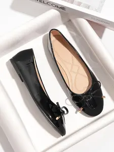 Large Size Ballet Bow Shoes Flat, Chunky Heel Round Toe Low Top, Soft PU Leather, Spring & Fall Classic Fashion, Comfortable for Long Standing
