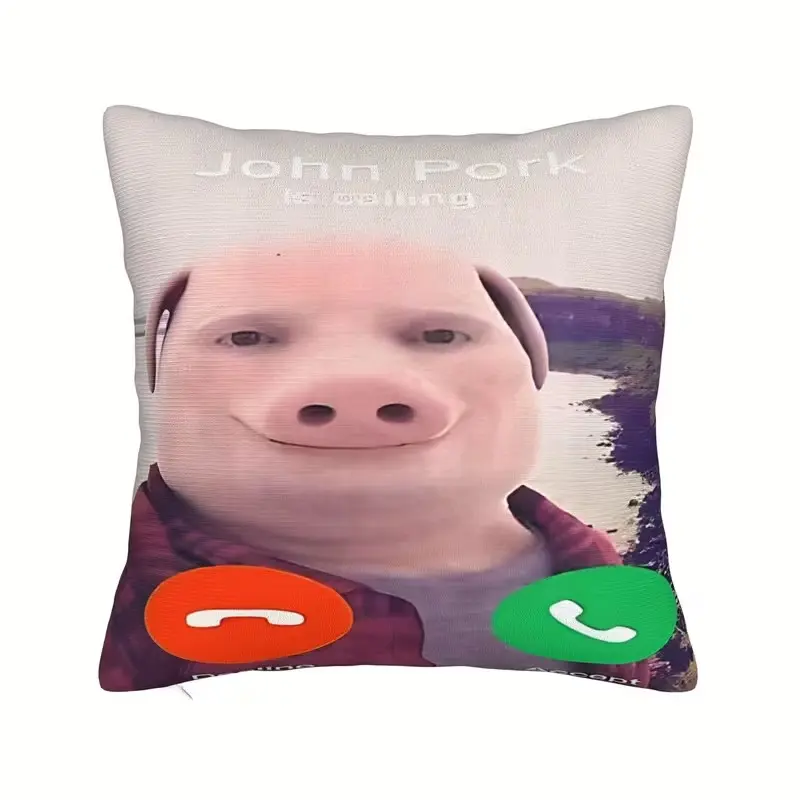 Fun Cartoon Pillowcase Cute Bedding John Pork on the Phone, Soft Polyester Fleece Fabric, Single-Sided Print, Zipper Closure, 17.72x17.72 Inches, Bedding Supplies