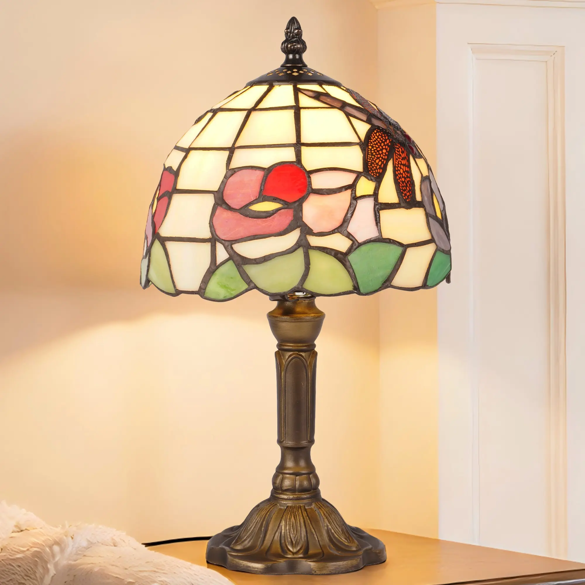 14.2" Tiffany Style Dragonfly Stained Glass Table Lamp | Antique Bronze Resin Base Warm Light