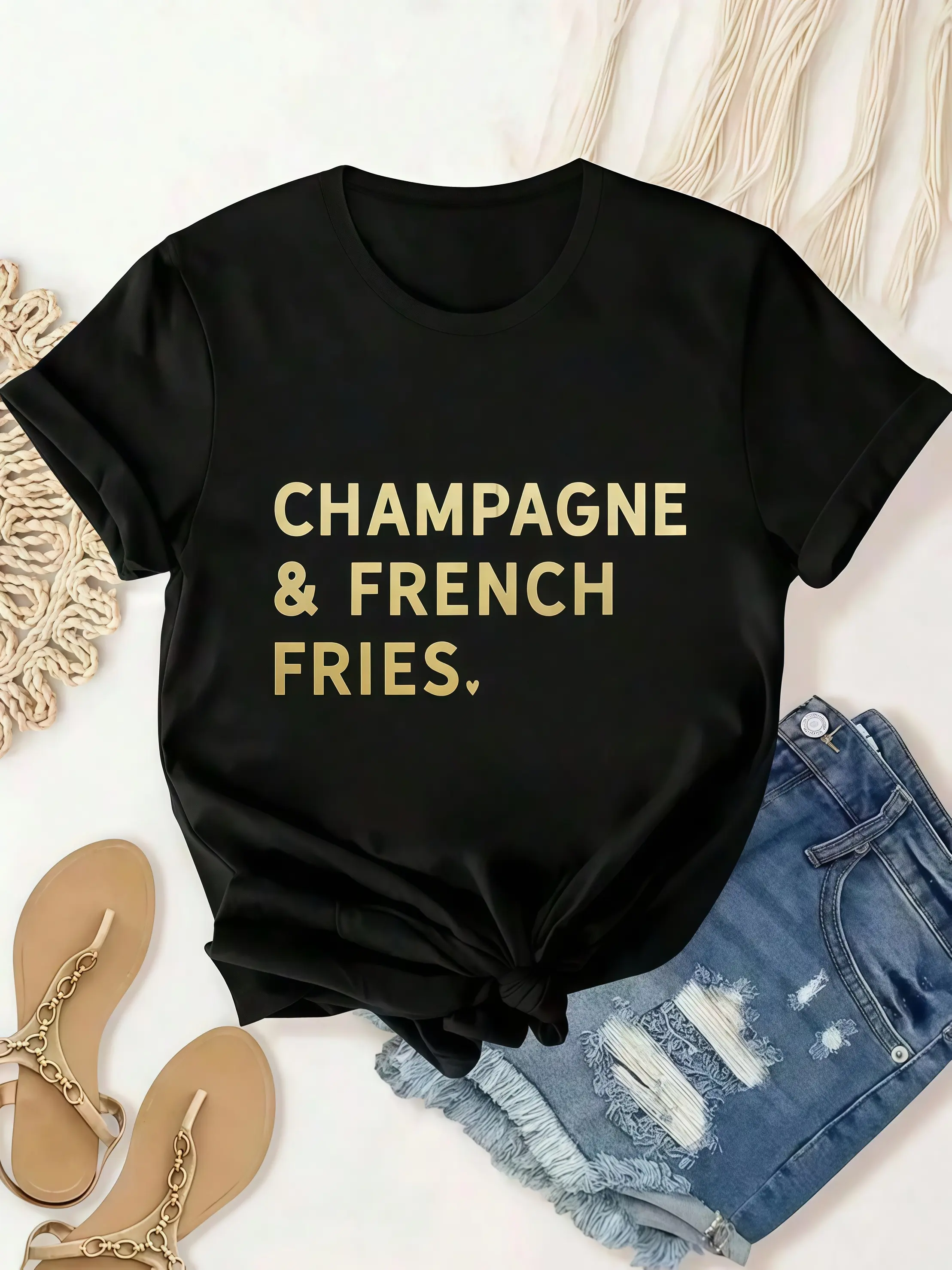 Women's Basic Cotton Short-Sleeve T-Shirt - Champagne And French Fries Print, Comfortable Fit Everyday Top For Daily Outdoor Wear, Shortsleeve