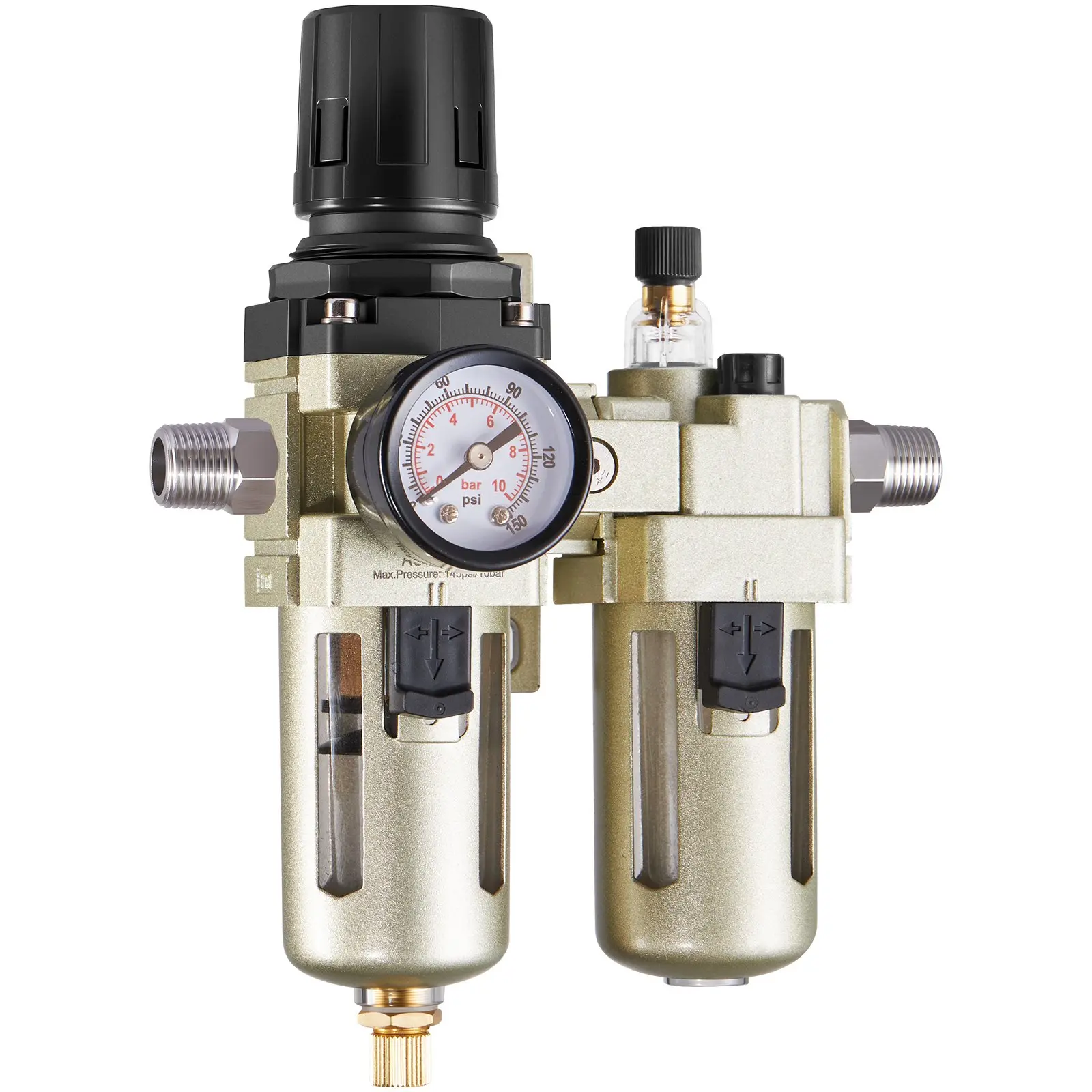 【Summerfinds】VEVOR Air Compressor Filter Regulator Lubricator (FRL), 3/8" NPT Air Compressor Water Separator, Semi-Auto Drain Air-Drying System with 5μm Brass Filter Element, 145PSI Max Working Pressure, Poly Bowl Power Tools Heavy Duty