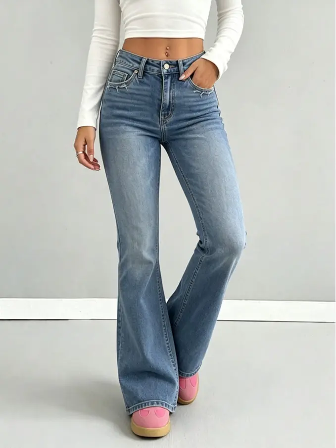 Women Mid Rise Washed Flare Jeans Vintage Light Blue Slim Bootcut Denim Pants