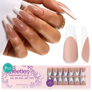 Beetles Press on Nails Long Coffin Extra Long French Tips Coffin Almond Square Press on Nails Brown Pink Acrylic Tips Pre-designed False Nail Tip, No File Need DIY Manicure Gifts for Women