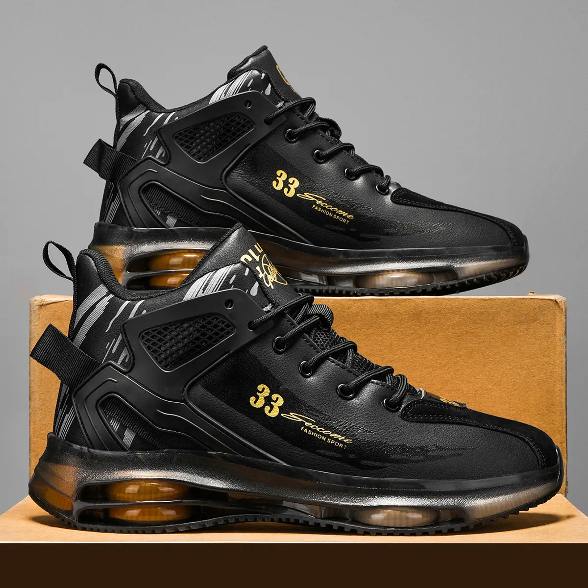 Men's Black Gold Textured Leather High-Top Running Shoes - Full Palm Air Cushion, Breathable Mesh, Soft Liner, Rubber Sole, Adjustable Laces, Shock-Absorbing, Non-Slip Athletic Trainers