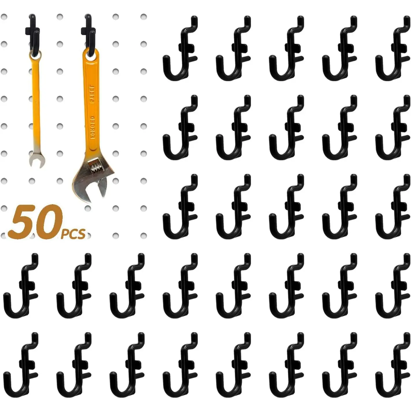50 count Pegboard Hooks Plastic Peg Board J Hooks for Hanging Black Pegboard Hooks J Hook Accessories, for 1/4" Pegboards DD017-50