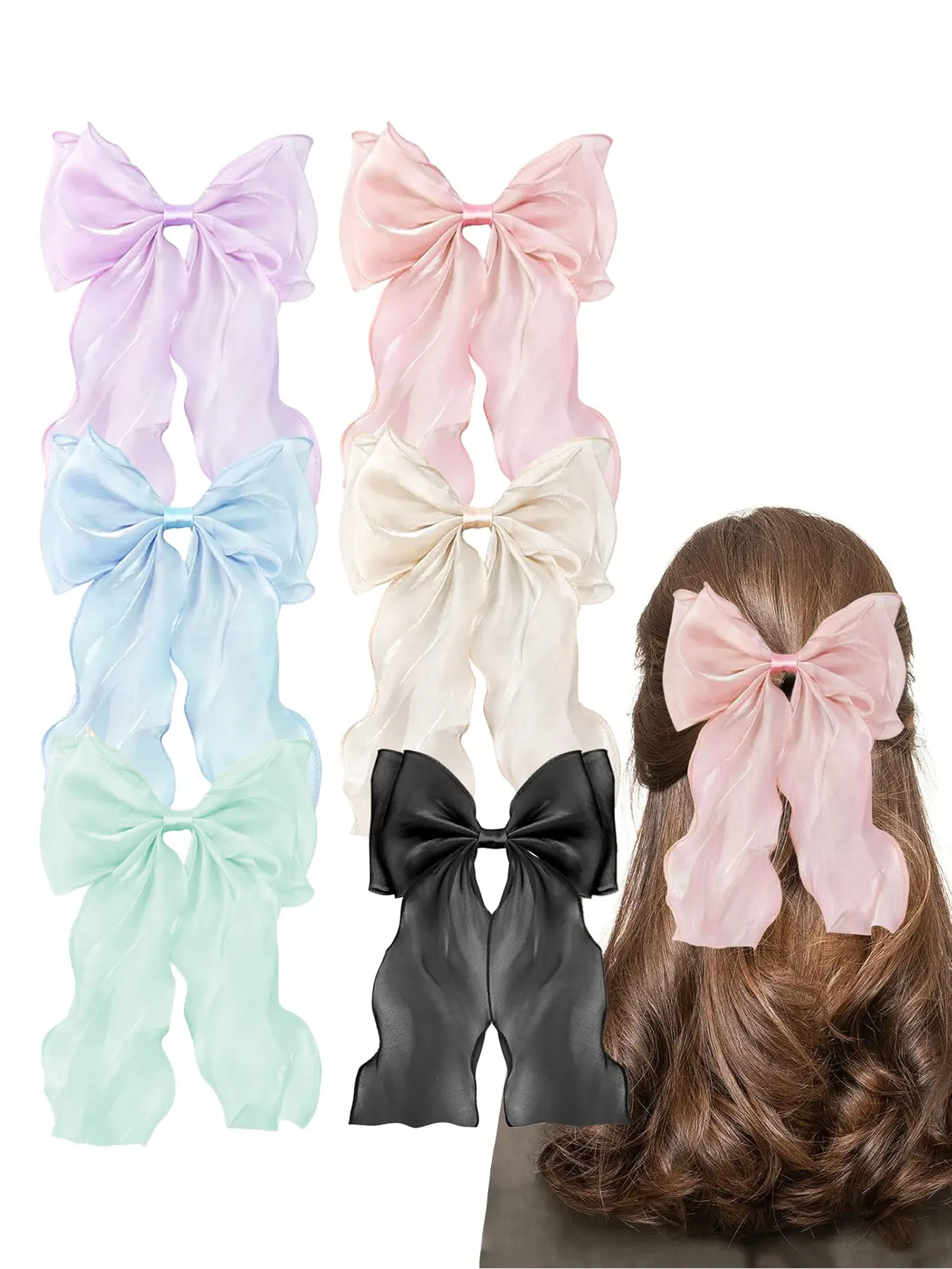 6 sets of macaron color butterfly bow, ribbon, spring Duckbill Hair Clips, women's cute princess style double ponytail hair clip, Ponytail Accessories, ins style fashionable high-end texture hair accessory