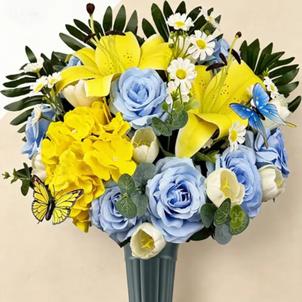 Artificial Blue Yellow Memorial Flower Arrangement Non-Bleed Color, Handmade Cemetery Bouquet with Grave Vase for Tombstone Decoration, Artificial Rose Lily Daisy Hydrangea Reusable Faux Floral Display
