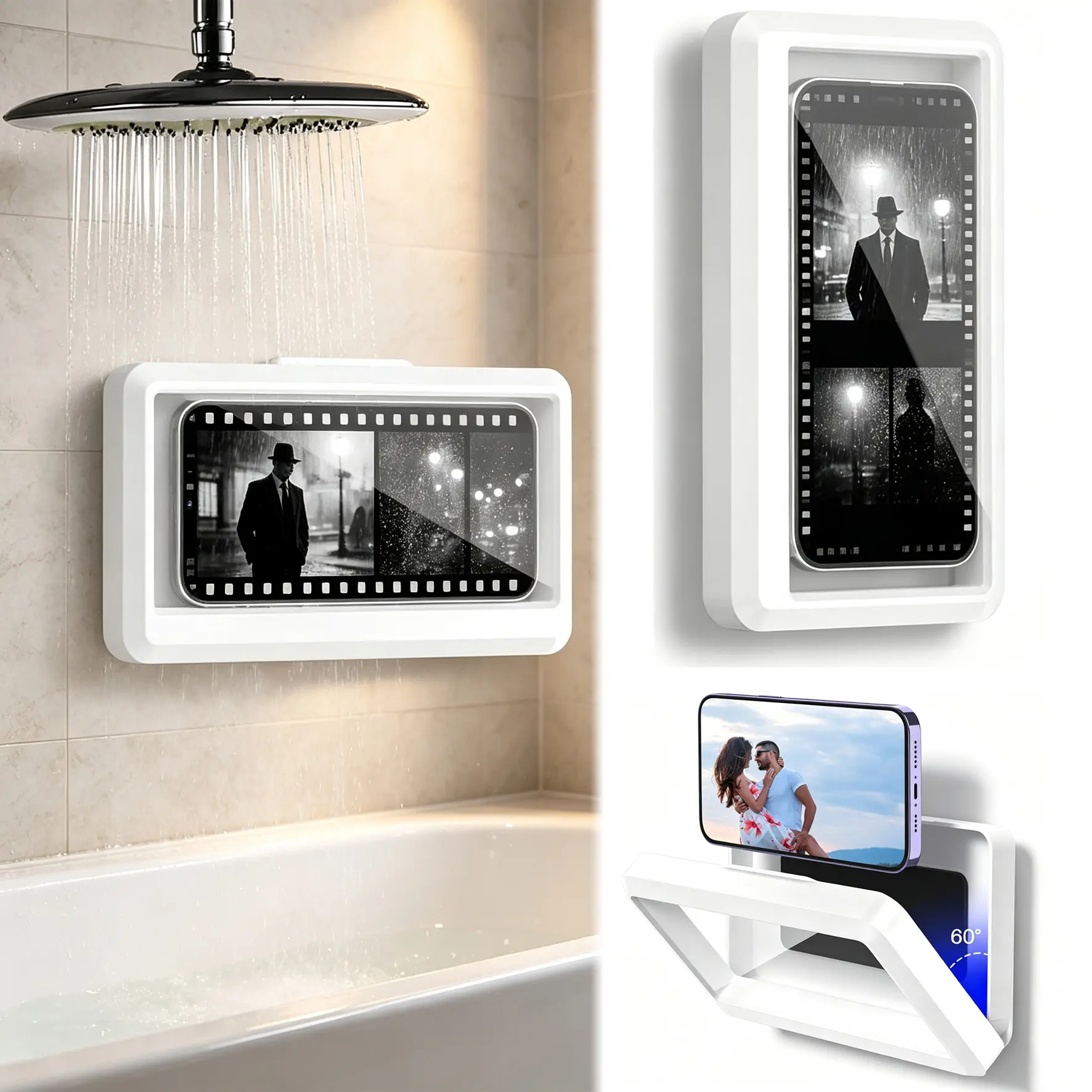 Waterproof Shower Phone Holder, 360° Rotation Wall Mount Phone Case, Anti-Fog Touch Screen Phone Holder for Bathroom Kitchen, Adjustable Angle Shower Phone Case, No Drilling Wall Mount Phone Holder, Universal Waterproof Phone Pouch for Shower Bathtub