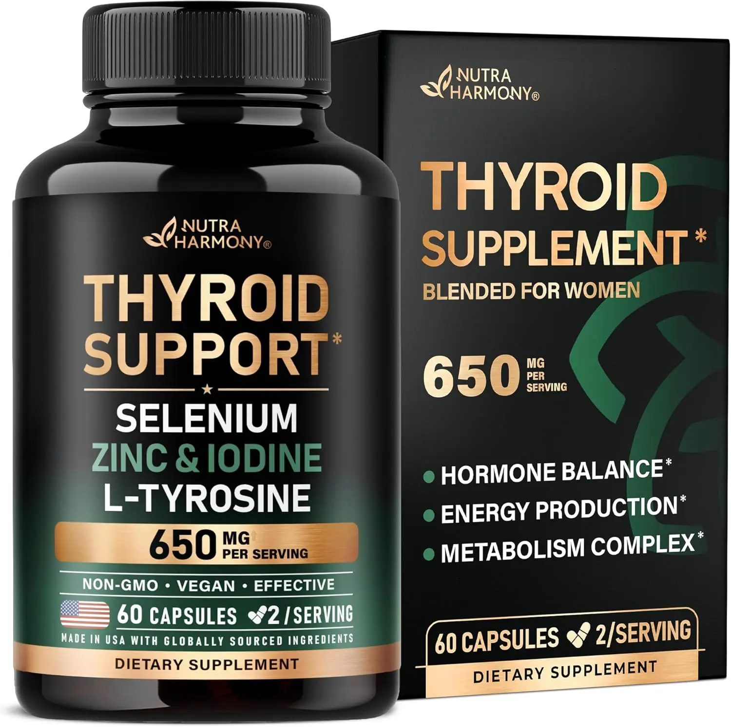 Thyroid Support for Women - Selenium 200 mcg | Astragalus | Zinc & Iodine | L-Tyrosine | Adaptogen Herbs - 21-in-1 Antioxidant & Immune Support - Vegan, Non-GMO - Lab Tested - 60 Capsules