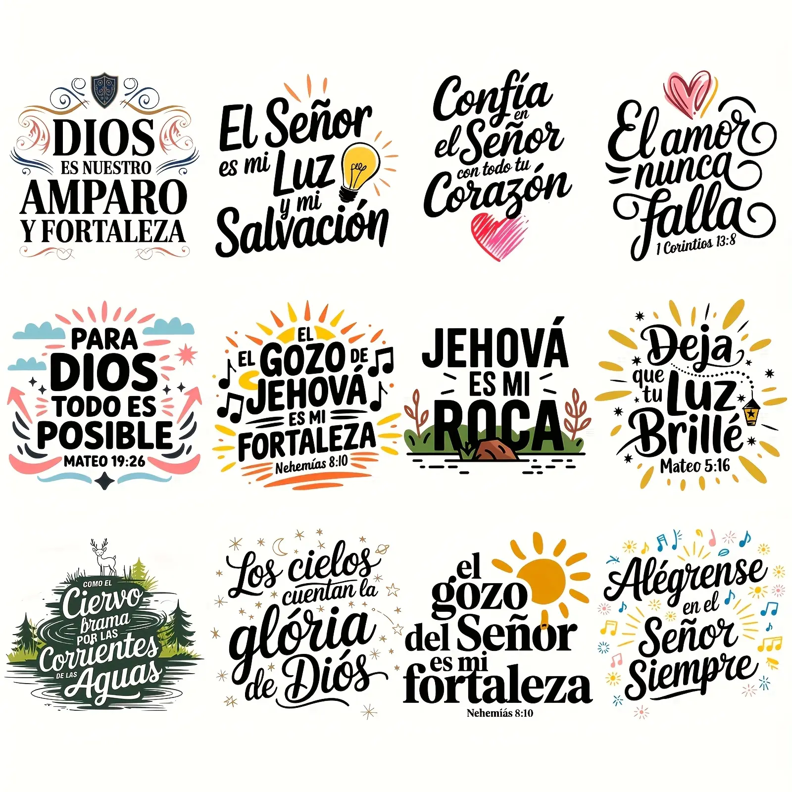 12pcs/set  Spanish Bible Heat Transfer Vinyl Stickers, Mixed Color Heat Transfer Applications, DIY Craft Supplies, Suitable for DIY Crafts T-Shirts, Sweatshirts, Bags, And Hats - Durable Vinyl Transfers with Christian Themes
