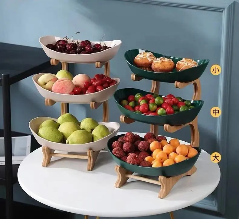 Modern 3-Tier Fruit Basket Stand, Bamboo Frame Snack Tray for Living Room , Space-Saving Countertop Organizer with White Plastic Bowls , Kitchen Countertop Snack Dessert Cake Tray Holder, Countertop Organizer , Decorative Tray , Vegetable Fruit Container