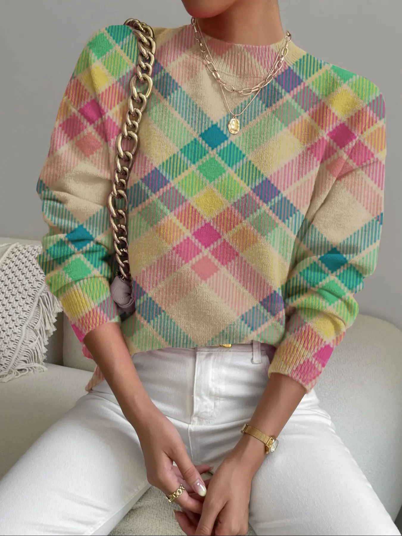 Women's Multicolor Ombre Gradient Plaid Print Stand Collar Short Fitted Sweater, Fall Winter Casual Long Sleeve Knitwear, Comfortable Warm Daily Wear Tops, Chic Casual Jumper, Womenswear Piece