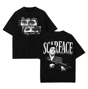 Scarface Graphic Tee For Men Stylish Black Short Sleeve Crew Neck Summer T-Shirt Vintage Gangster Style Graphic Tee For Men Stylish Black Short Sleeve Crew Neck Summer T-Shirt 100% Cotton Movie Inspired Streetwear Top