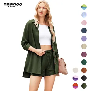 Women’s Live Women’s 2 Piece Lounge Tracksuit Outfit Sets 2025 New Linen High Low Shirt and Drawstring Casual Shorts New Summer Womenswear Top