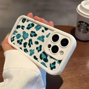 Teal Glitter Leopard Print Phone Case for iPhone 17 16 15 14 13 12 11 Plus Pro Max TPU Silicone Full-Wrap Protection Anti-Slip Shockproof Trendy Dopamine Color
