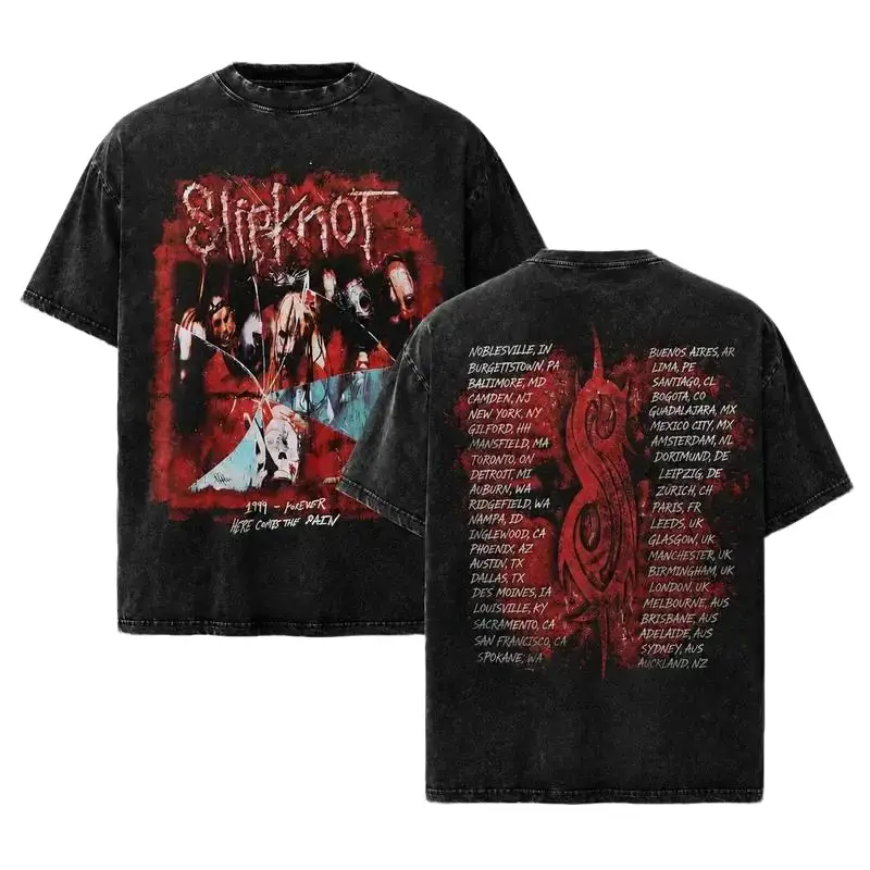Slipknot Vintage Washed Heavyweight Graphic T-Shirt - 1999 Forever Here Comes The Pain Nu Metal Band Merch - Oversized Acid Wash Streetwear Tee for Men & Women - Premium Rock Music Fan Gift