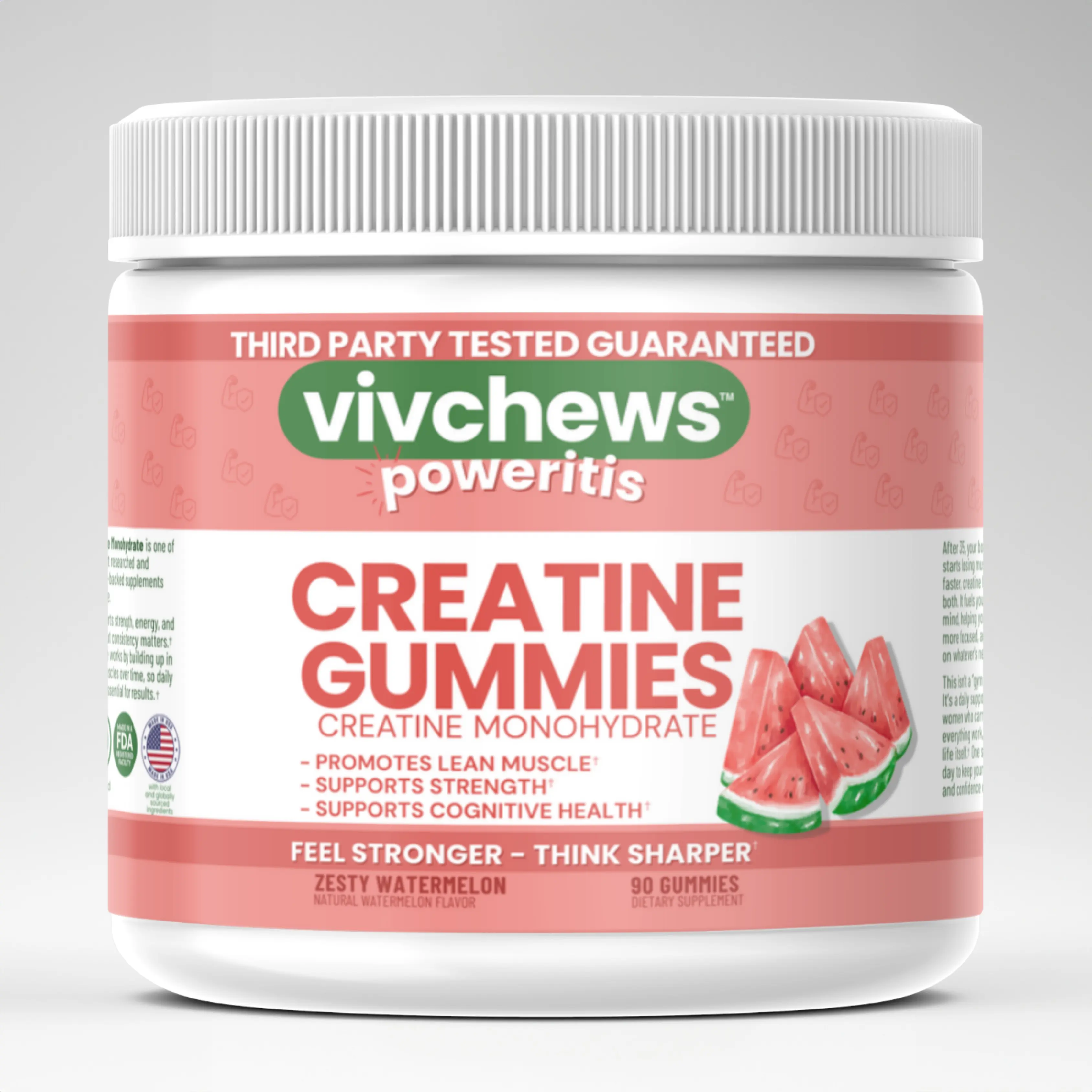 Vivchews Creatine Gummies – Creatine Monohydrate for Women, Supports Strength, Lean Muscle & Cognitive Health, Natural Watermelon Flavor, Vegan, Fruit Pectin-Based, Gluten-Free, Non-GMO, No Gelatin, Third-Party Tested, 90 Count, Made in the USA