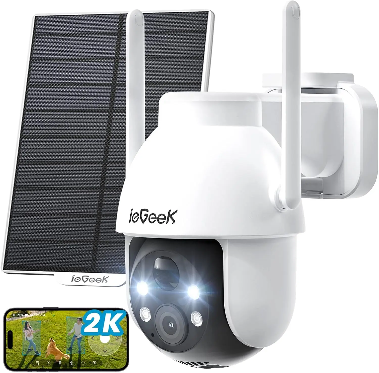 ieGeek Wireless Outdoor Security Camera with Floodlight, 2K Solar WiFi Home Security Camera, Built-in Batteries & Solar Panel, 360° PTZ Color Night Vision, Motion Sensor, Alexa-Compatible