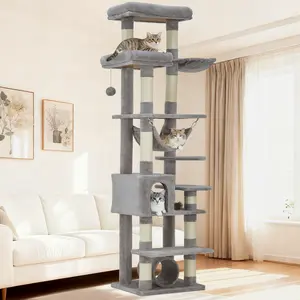 74" Tall Heavy Duty Cat Tree for Large Cats, Multi-Level Large Cat Tower with 2 Condos & Hammock, Super Stable Cat Condo with Sisal Scratching Posts, Anti-Topple Tall Cat Playpen with Extra Wide Platforms, Grey Indoor Pet Furniture