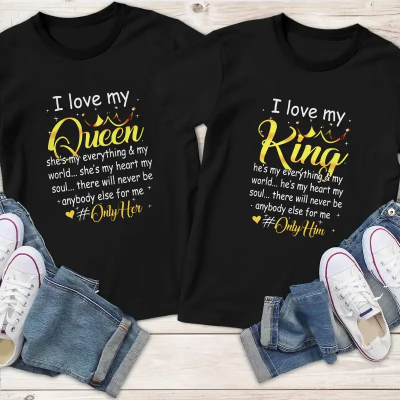 Couples Matching T-Shirts, Casual King & Queen Letter Print Short Sleeve Clothes, Valentine's Day Gift for Husband, Wife, Girlfriend