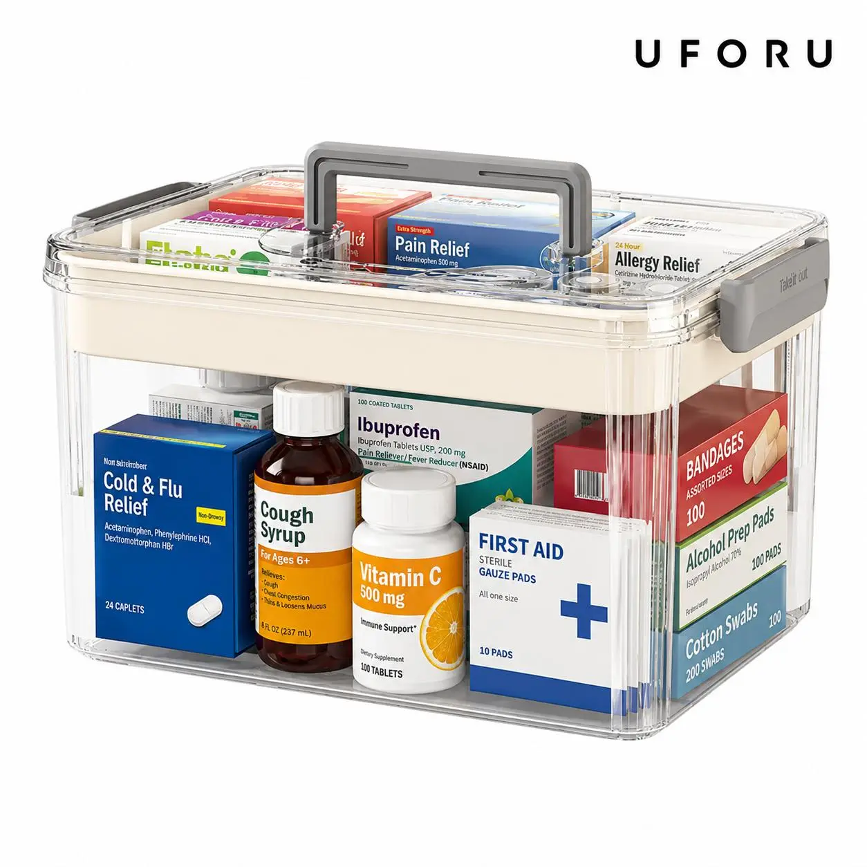 UFORU Double-Layer Square Transparent PET Medicine Container - Sealed, Moisture-Proof, Dustproof, Eco-Friendly, Modern High Capacity Organizer Storage Bin for Household Use, Travel