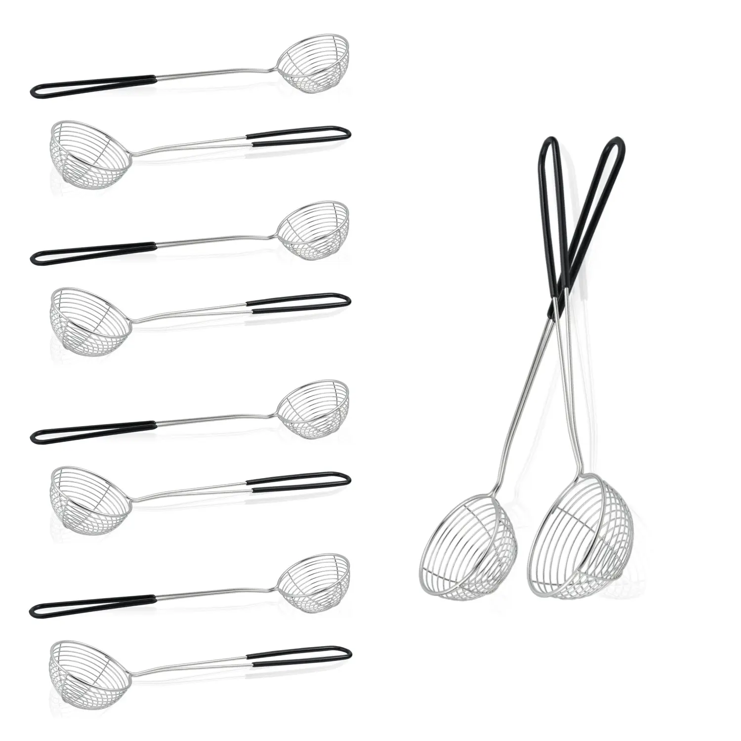 10Pcs Durable Thick Stainless Steel Kitchen Utensils Set - 2.5In Mini Mesh Skimmers, Spider Strainer Scoops, Ladle with Long Handles, Spoons, High-Polish Finish, Easy to Clean, Dishwasher Safe Home Improvement Tools (Black), Mirror Finished Surface