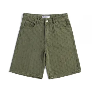 Green Distressed Denim Shorts For Men, Loosen Fit Mid Rise Summer Fashion Bottoms