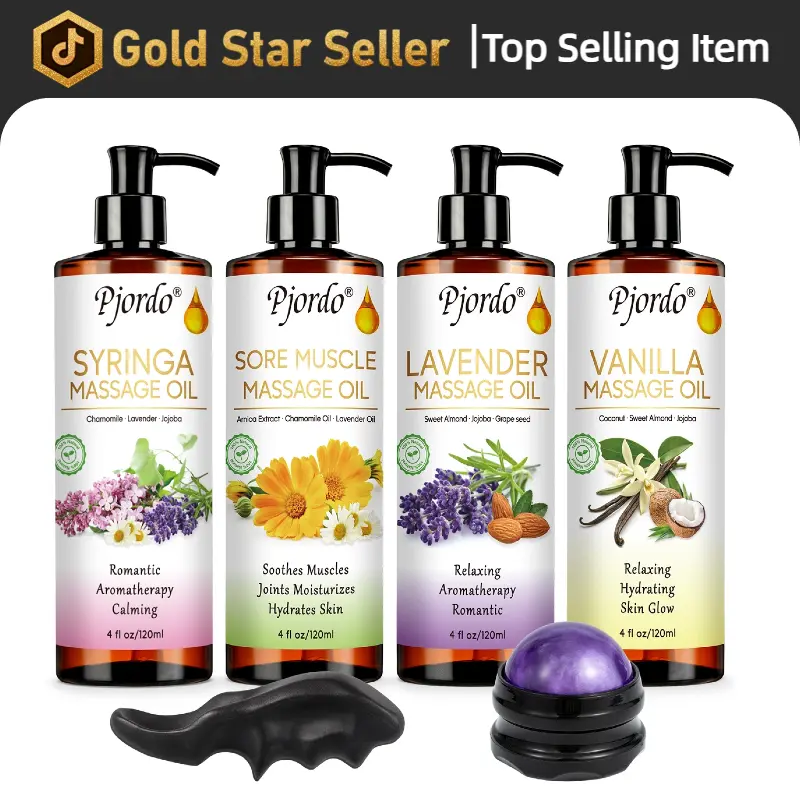 Pjordo Body Massage Oil for Massage Therapy Kit, Lilac, Lavender, Sore Muscle Vanilla  Oil with Massage Roller Ball, Relaxing Massage Oils for Pain Relief, Spa Gift Set for Him Her