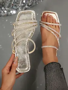 Women's Rhinestone Square Toe Sandals, Casual Cut Out Heel, Medium Width, PVC Sole, Perfect for Parties and Daily Wear