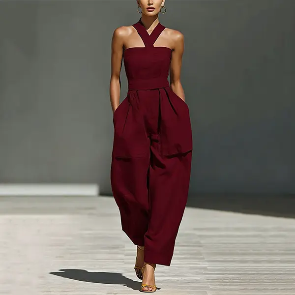 Women's Linen Blend Halter Jumpsuit - Beach Vacation Outfit, Crisscross Neckline, Sleeveless Bandeau Design, Waist-Cinching, Relaxed Look, Ankle-Length Wide Legs, Side Pockets