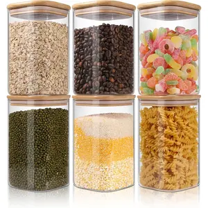 Glass Storage Jars 6 Pack 37oz Clear Glass Food Storage Containers with Airtight Bamboo Lid Stackable Kitchen Canisters for Candy,Cookie,Rice,Sugar,Flour,Pasta,Nuts and Spice Jars(Square)