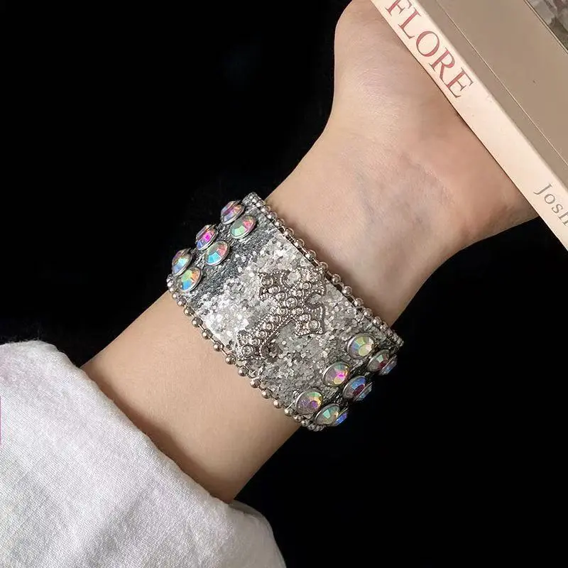 Women's Punk Rhinestone Cross Cuff Bracelet - Y2K Alt-Culture Wide PU Leather Wristband, Adjustable Costume Jewelry Accessory with Sparkly Rivets