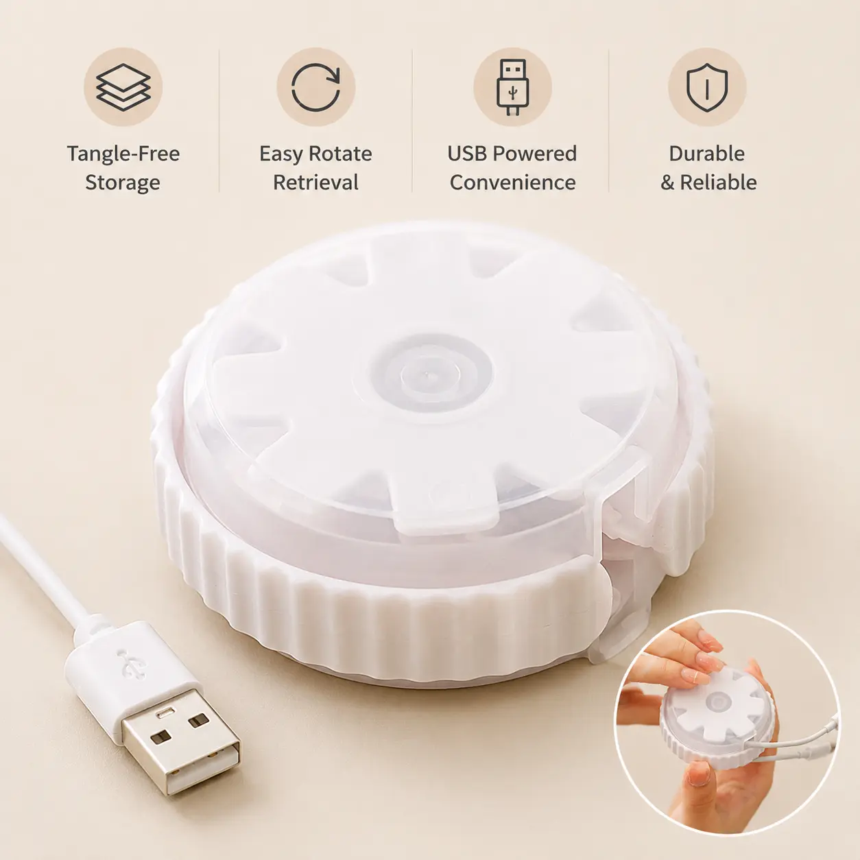 1 Piece, White Rotatable Data Cable Organizer Box, Portable Cord Storage Case to Arrange Charging Cords for Tidy Desktop Storage