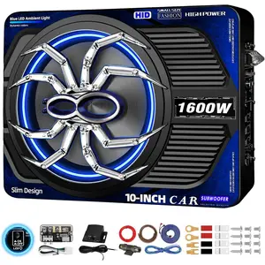 2026 Upgrade 1600W Slim Under Seat Car Subwoofer Built In Amplifier Blue Pulse Light Switch All in One Subwoofer Amp Package Subsonic Deep Bass for Car Truck Audio Systems