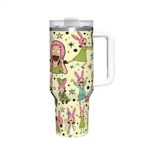 Bob‘s Burgers 40oz Insulated Tumbler With Handle Lid Stainless Steel Quencher Travel Mug Retro Cartoon Cup Viral TikTok Trend Aesthetic Drinkware Keeps Cold Hot Coffee Tea Water Fan Gift Reusable Bottle