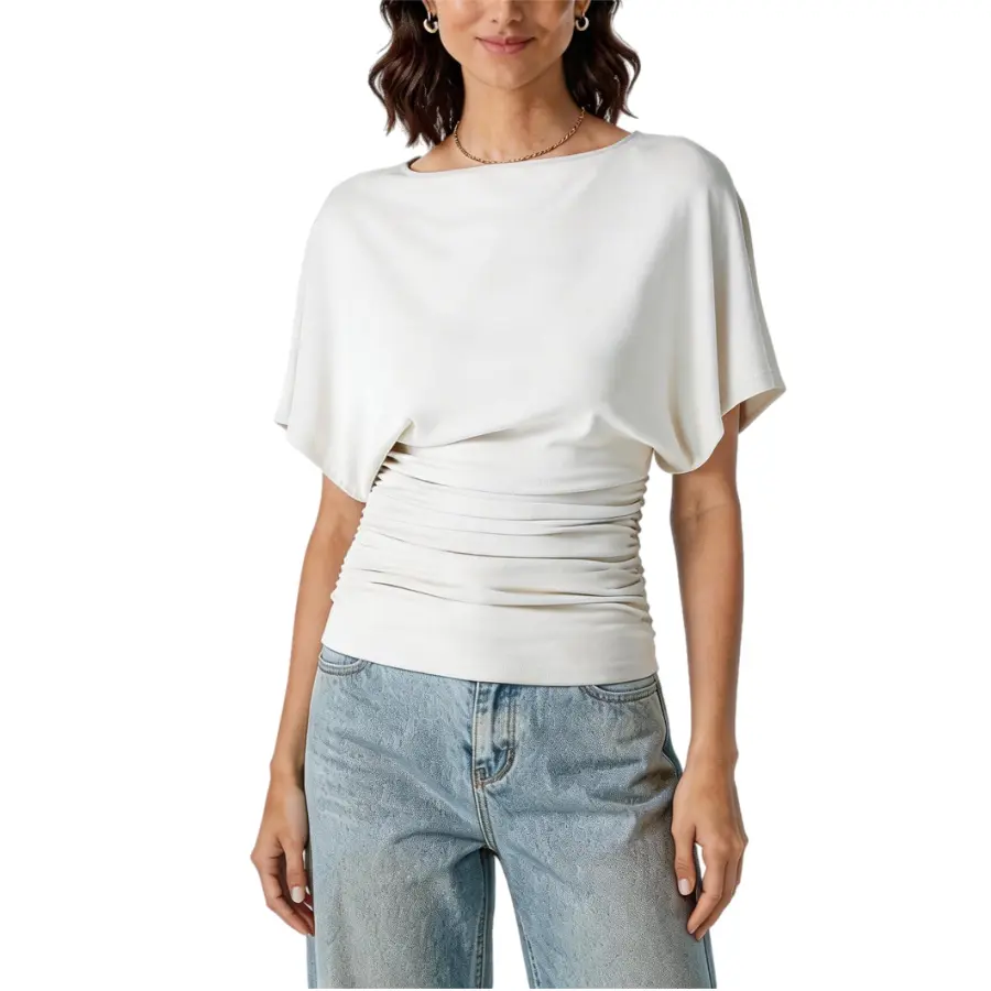 Songling Women's Comfortable Elegant Summer Top - Solid Batwing Short-Sleeve Boat Neck Ruched Waist Tunic, Soft Fabric Office Work Clothes Corset Blouse, Shortsleeve, Pleated Waist, Soft Blend