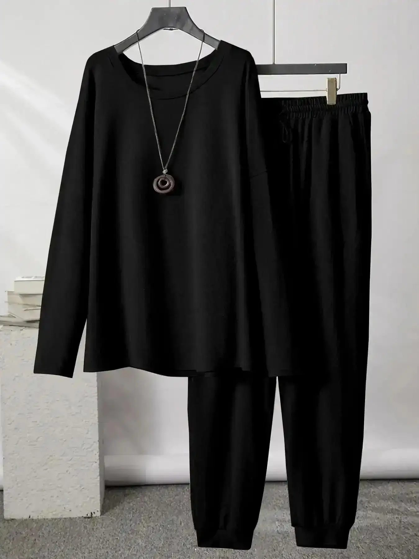 Classic Plus Size Solid Long Sleeve Top & Drawstring Waist Sweatpants Set, Casual Lounge & Pocket Jogger Pants, Women's Spring & Fall Clothes, Womenswear, Style Essential, Lookbook Style, Go To