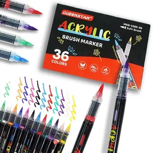 Queenstar Soft Brush Tip Acrylic Markers Set, 36 Shades Non-Toxic Water-Resistant Artist Acrylic Pens for Rock Painting, DIY Crafts, Office Stationery & Writing Supplies