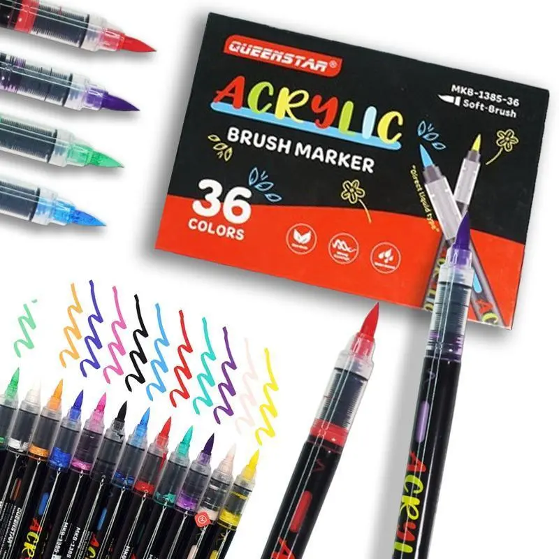 Queenstar 36 Rich Shades Acrylic Colored Markers Set - 1-5mm Brush Tip Writing Supplies, Non-Toxic, Water-Resistant, Eco-Friendly Pens for Craft Enthusiasts, Rock Painting, Office Stationery, Acrylic Markers, Amateur Beginners