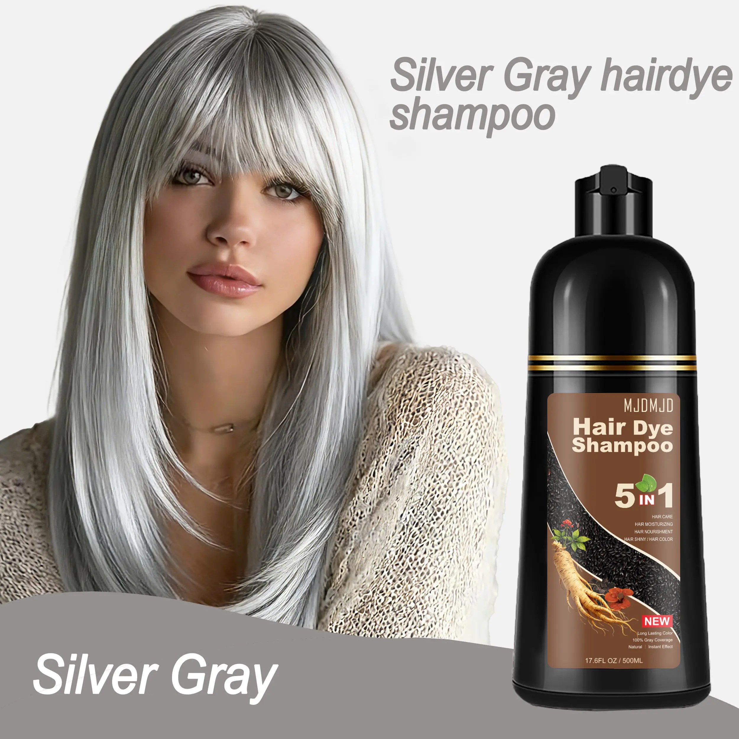 Instant Silver Gray Hair Color Shampoo,5-in-1 Long-Lasting Dye for Women and Men - Works in Minutes,Safe And Natural Color-Dyeing Shampoo Serum,No Pungent Smell,Unisex,Best Gifts,500 ml,Haircare